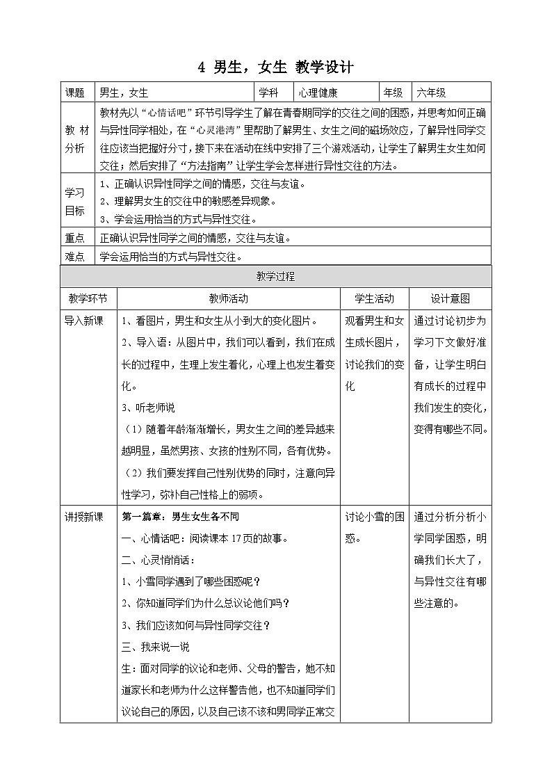 【北师大版】《心理健康》六年级上册 4 男生，女生 教学设计第1页