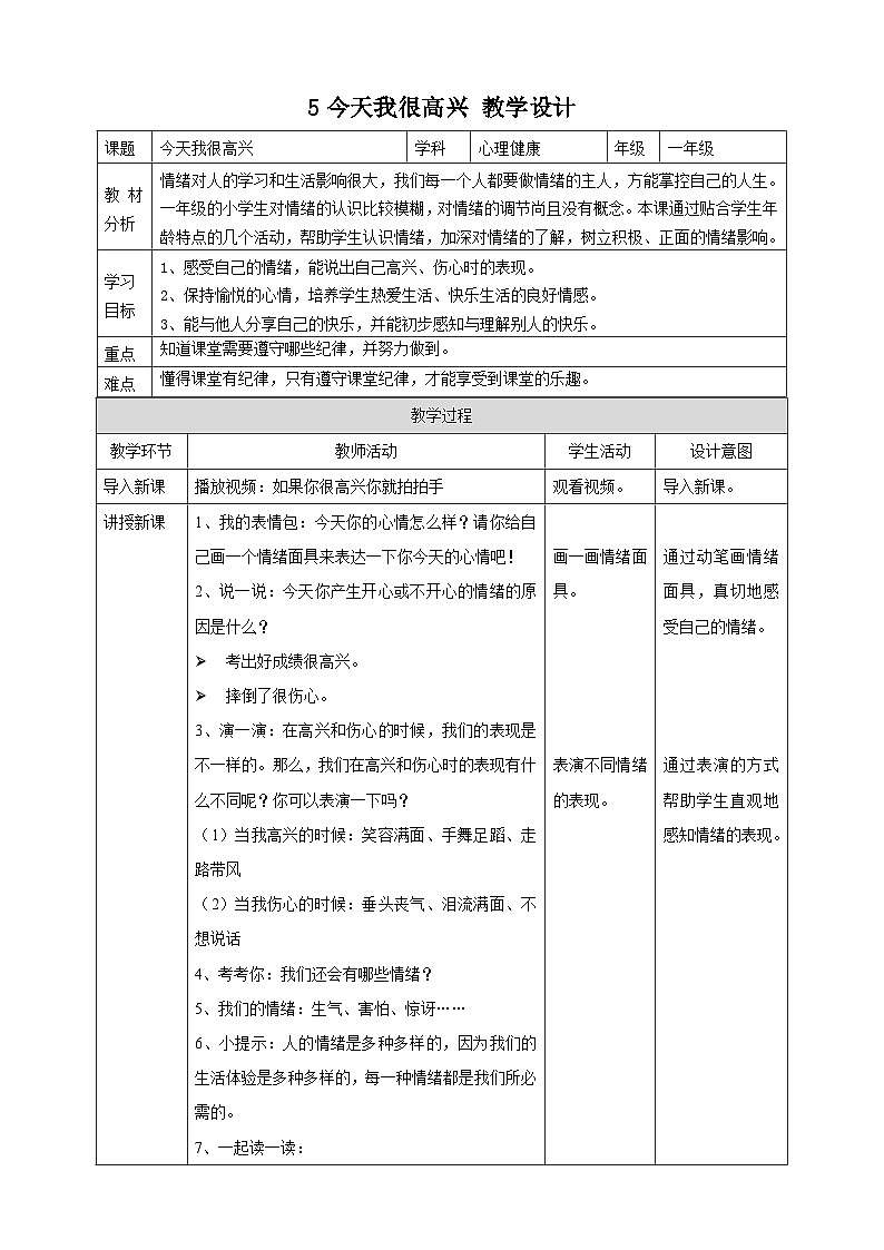 【北师大版】心理健康一年级上册 第5课 今天我很高兴 教学设计第1页