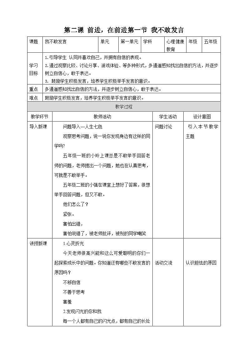 京教版心理健康教育五年级2.1《我不敢发言》教案第1页