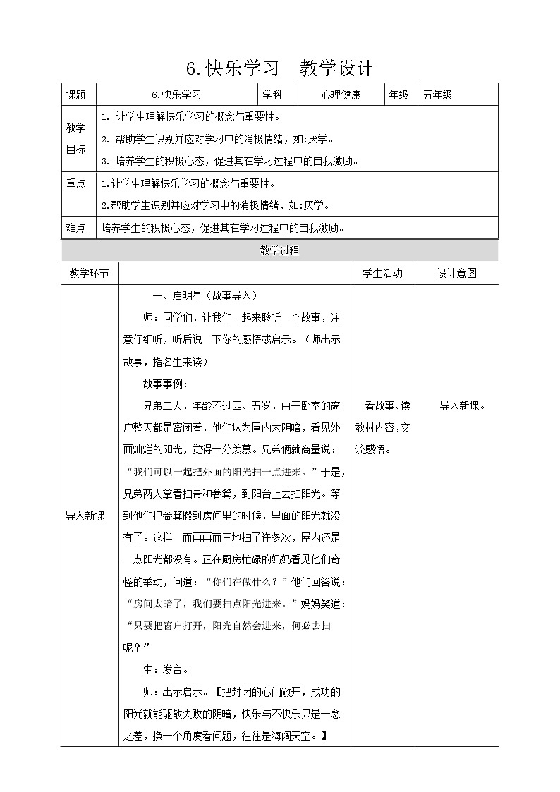 现代版心理健康五年级全册 6《快乐学习》教案第1页