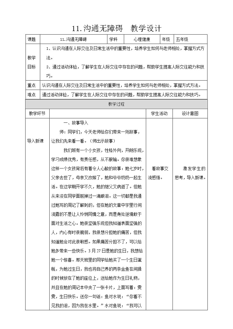 现代版心理健康五年级全册 11《沟通无障碍》教案第1页