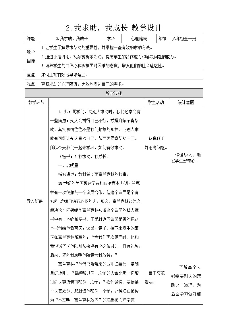现代版心理健康六年级全册 2《我求助，我成长》教案第1页