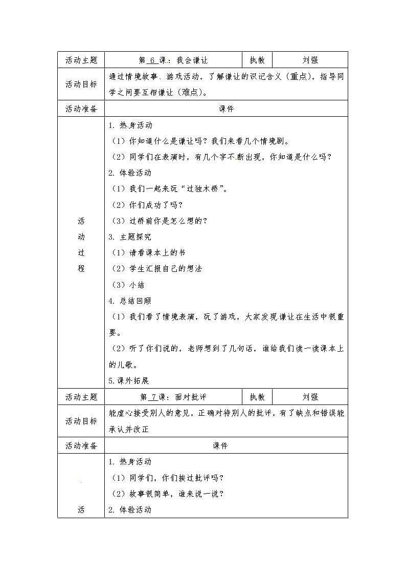 苏教版二年级上册心理健康教育教案（表格式）：6-8课 我会谦让 面对批评 交往乐趣多01