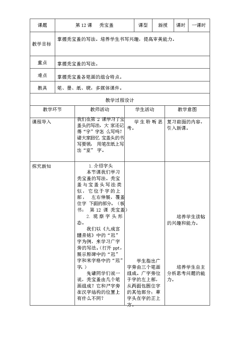 人美版五年级书法下册 第12课 秃宝盖 教案第1页