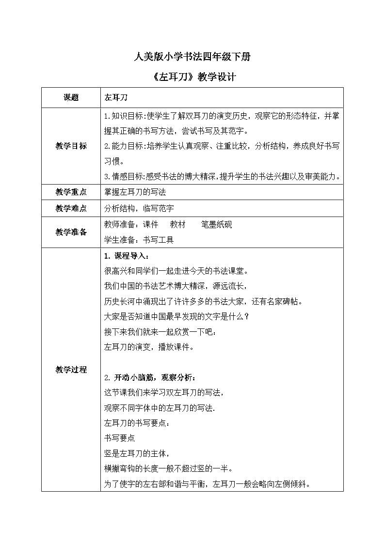 人美版四年级下册书法指导第7课《左耳刀》教案01