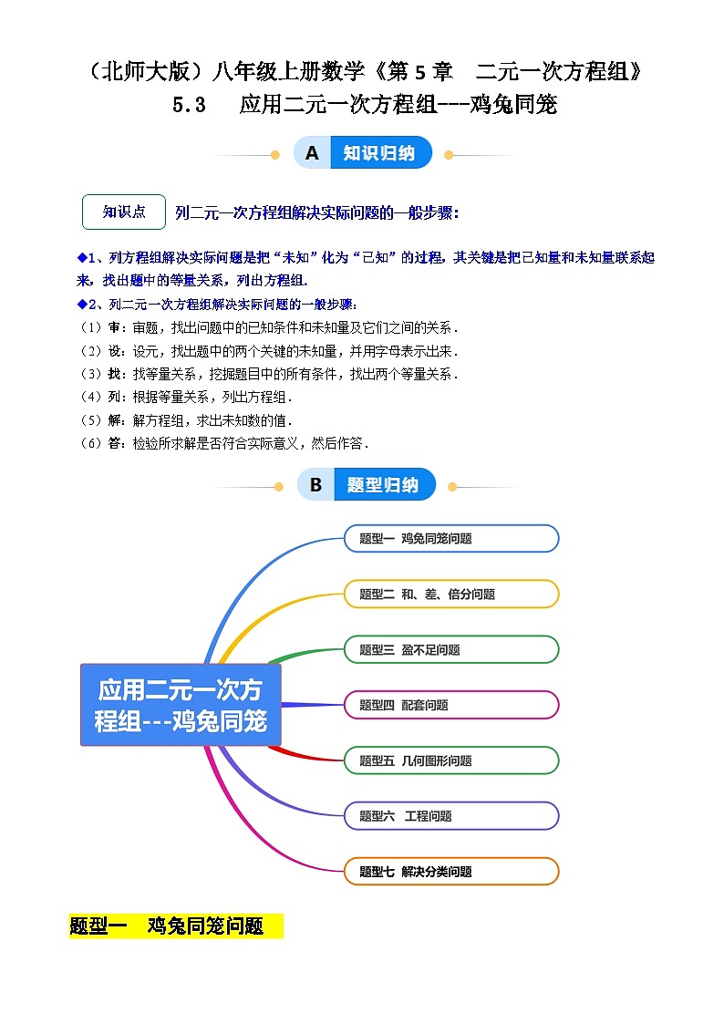 5.3 应用二元一次方程组---鸡兔同笼（8大题型提分练）（原卷版）-A4第1页
