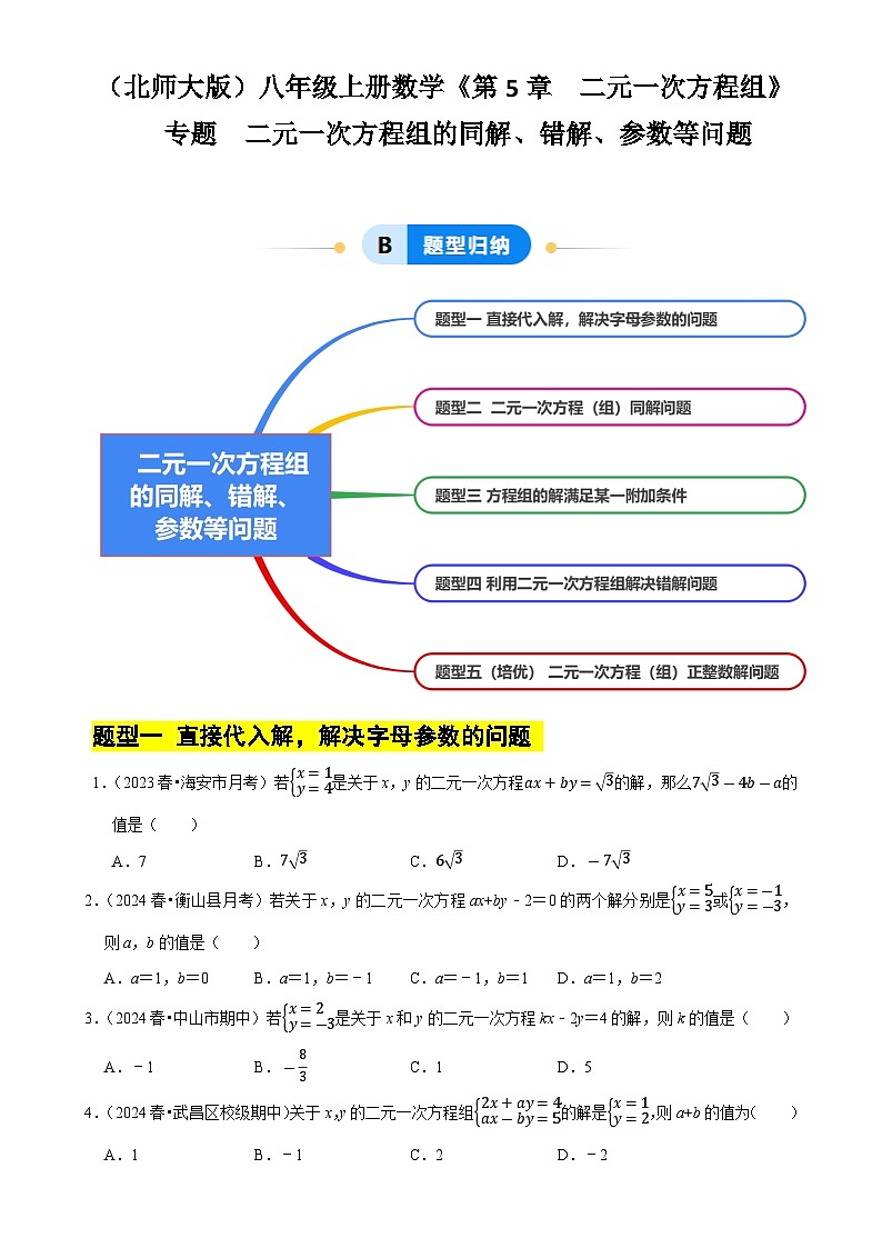 专题 二元一次方程组的同解、错解、参数等问题（5大题型提分练）（原卷版）-A4第1页