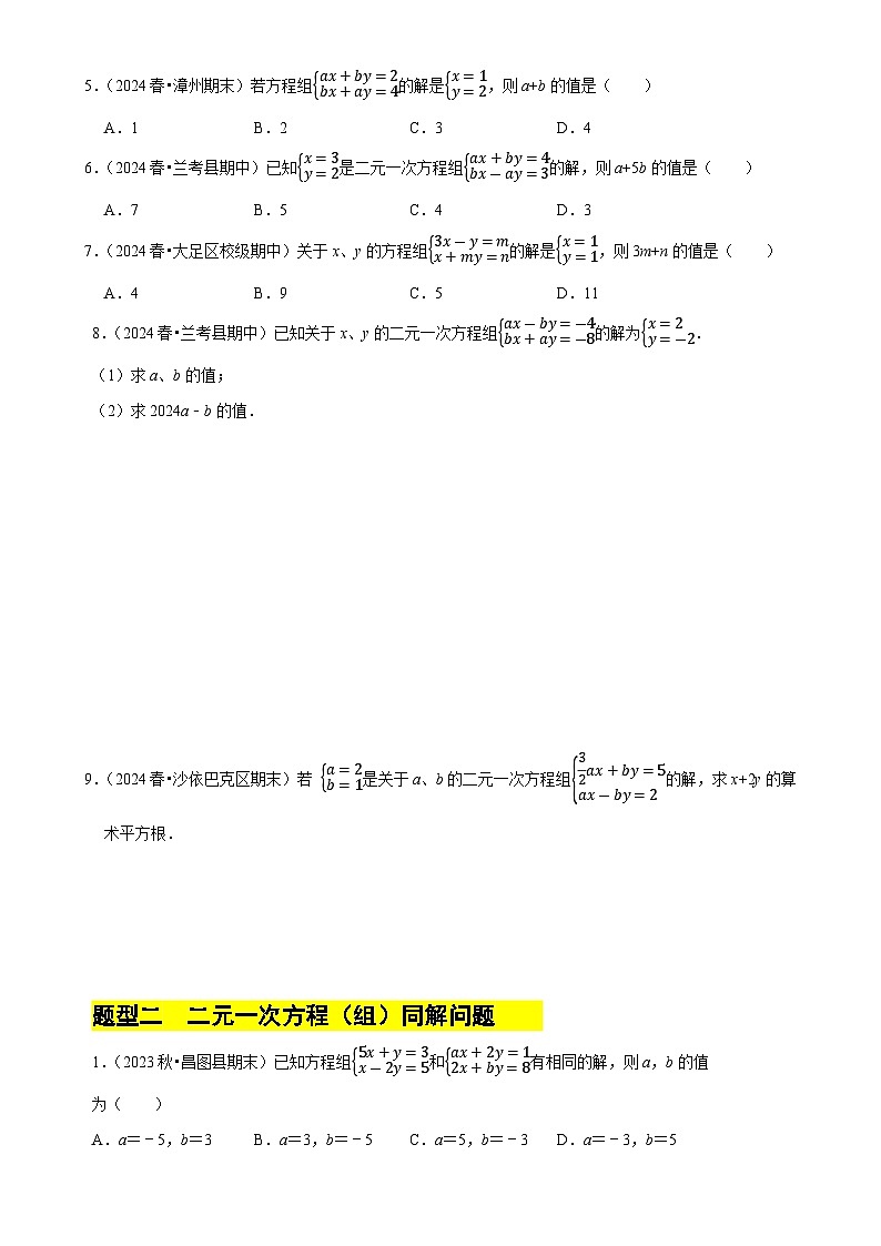 专题 二元一次方程组的同解、错解、参数等问题（5大题型提分练）（原卷版）-A4第2页