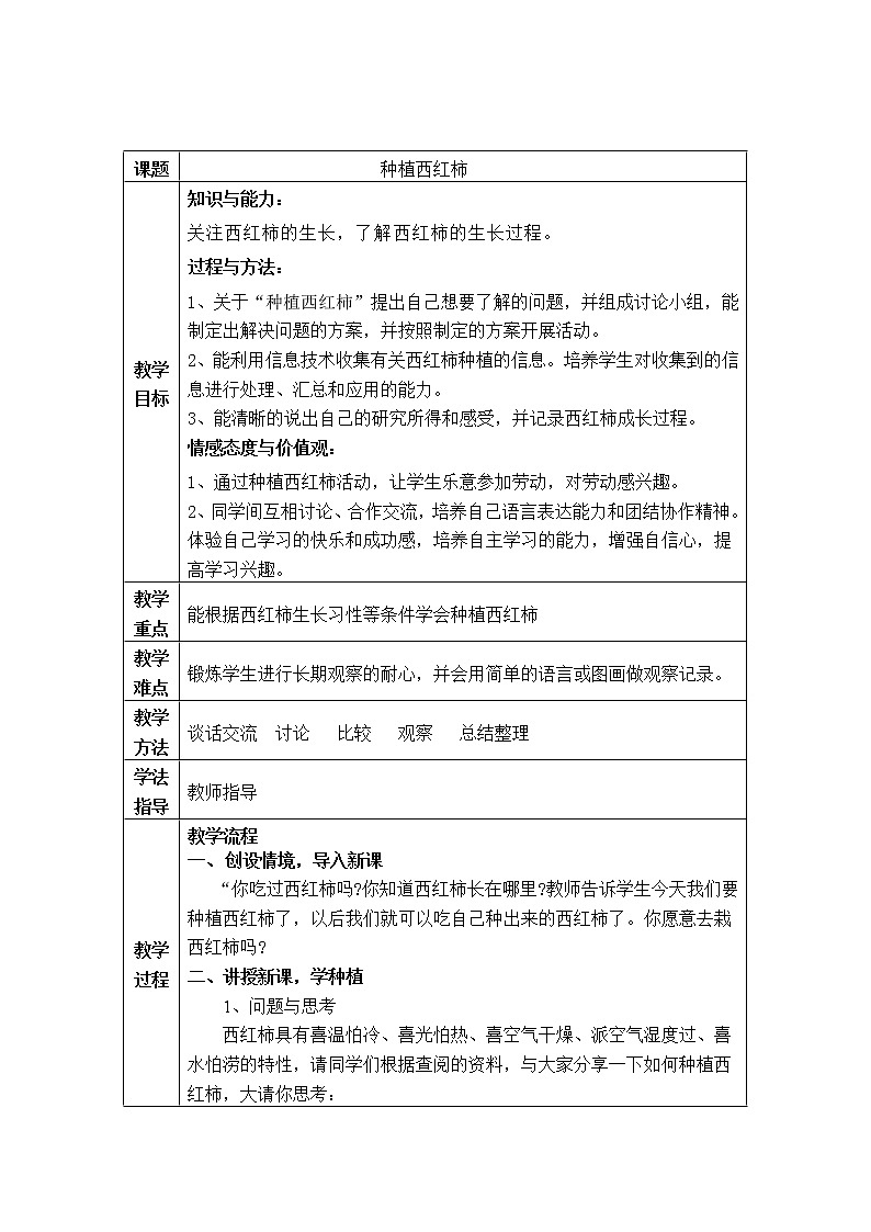 鲁科版综合实践活动三上 6.3 种植西红柿 教案第1页