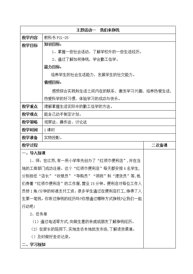 内蒙古版综合实践活动六上 2.1 我们来挣钱 教案（表格式）01