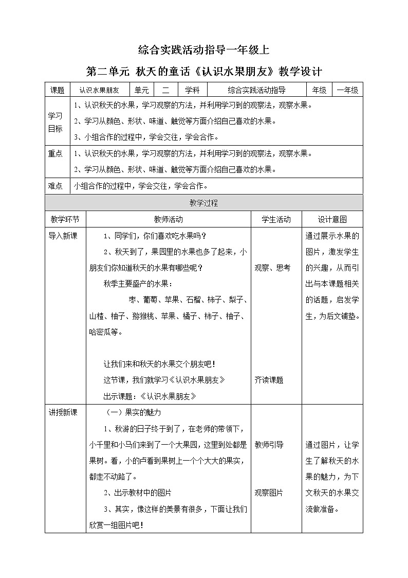 【内蒙古版综合实践】一年级第二单元 秋天的童话  主题活动二《认识水果朋友》课件+教案01
