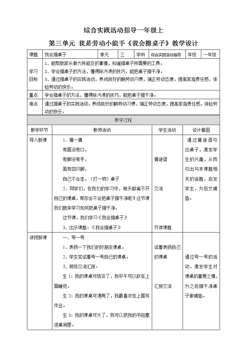 【内蒙古版综合实践】一年级第三单元 我是劳动小能手  主题活动一《我会擦桌子》课件+教案01