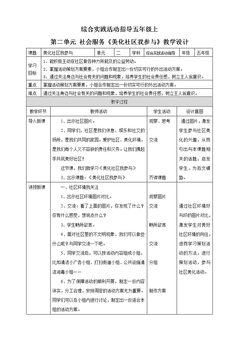 第二单元 社会服务  主题活动一《美化社区我参与》  教案第1页