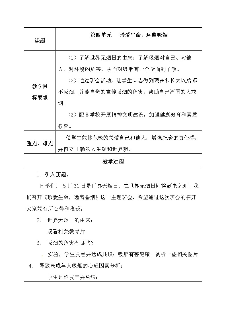 晋科版五年级下册综合实践活动 第四单元 社会生活 珍爱生命，远离吸烟 教案第1页