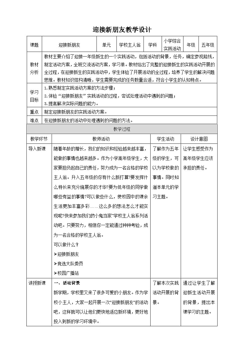 【沪科+黔科版】《综合实践活动》五上 学校主人翁 活动一《迎接新朋友》教案第1页