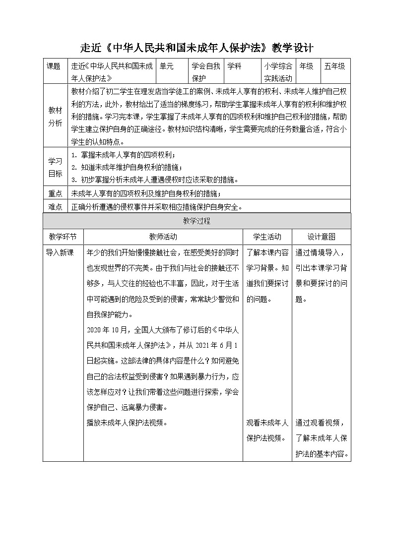 【沪科·黔科版】五上综合实践  走近《中华人民共和国未成年人保护法》课件+教案+素材01