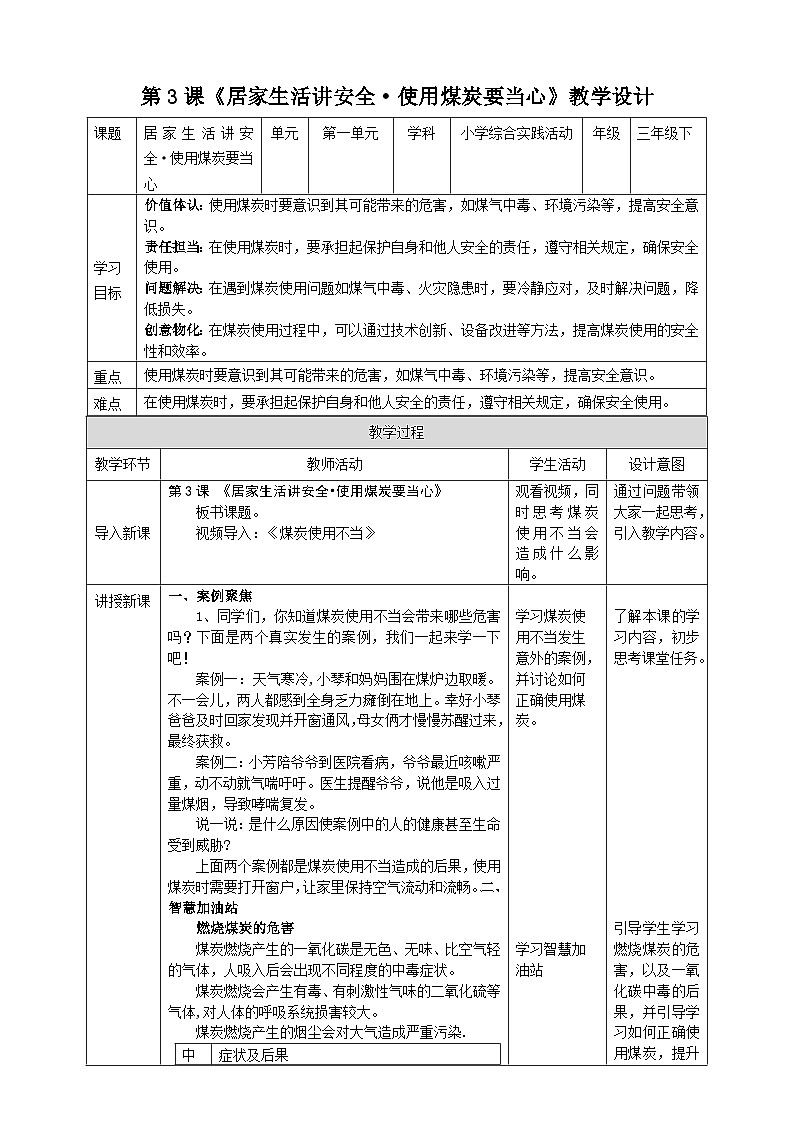 【沪科·黔科版】三下综合实践  居家生活讲安全 第三课《使用煤炭要当心》课件+教案+素材01