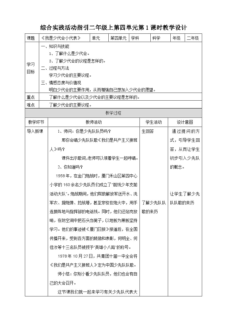 第四单元《我是少代会小代表》第一课时 教案第1页