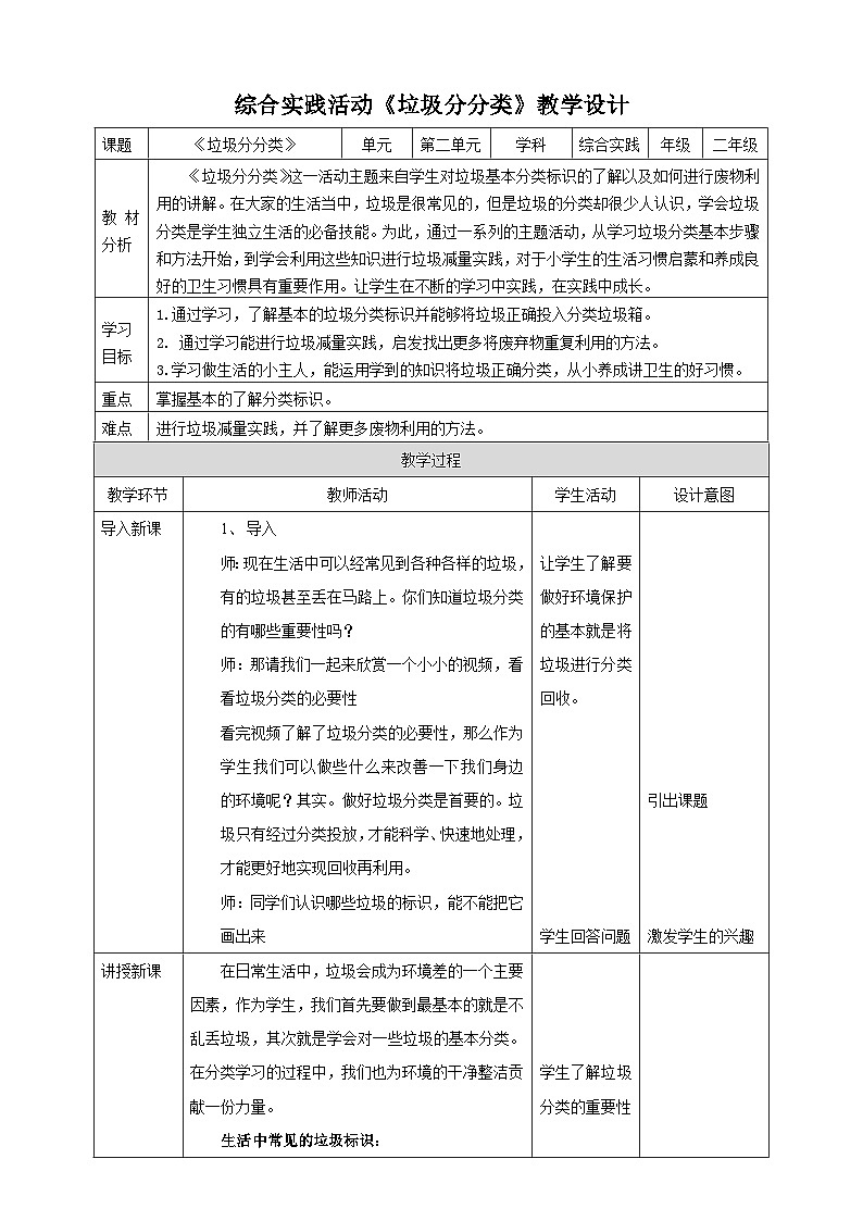 综合实践活动二年级垃圾分类第二课《垃圾分分类》教案01