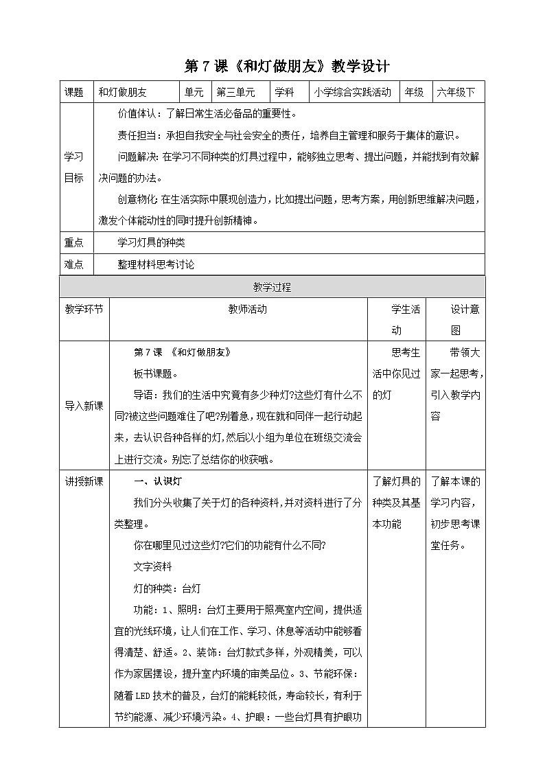 【沪科·黔科版】六下综合实践  生活中的灯 活动一《和灯做朋友》课件+教案+素材01