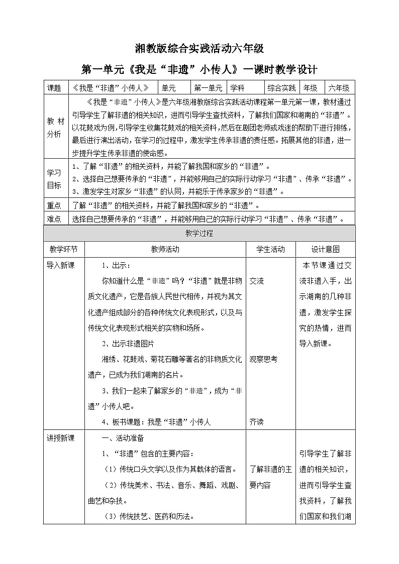 湘科版综合实践活动六年级1.《我是“非遗”小传人》课件+教案+素材01