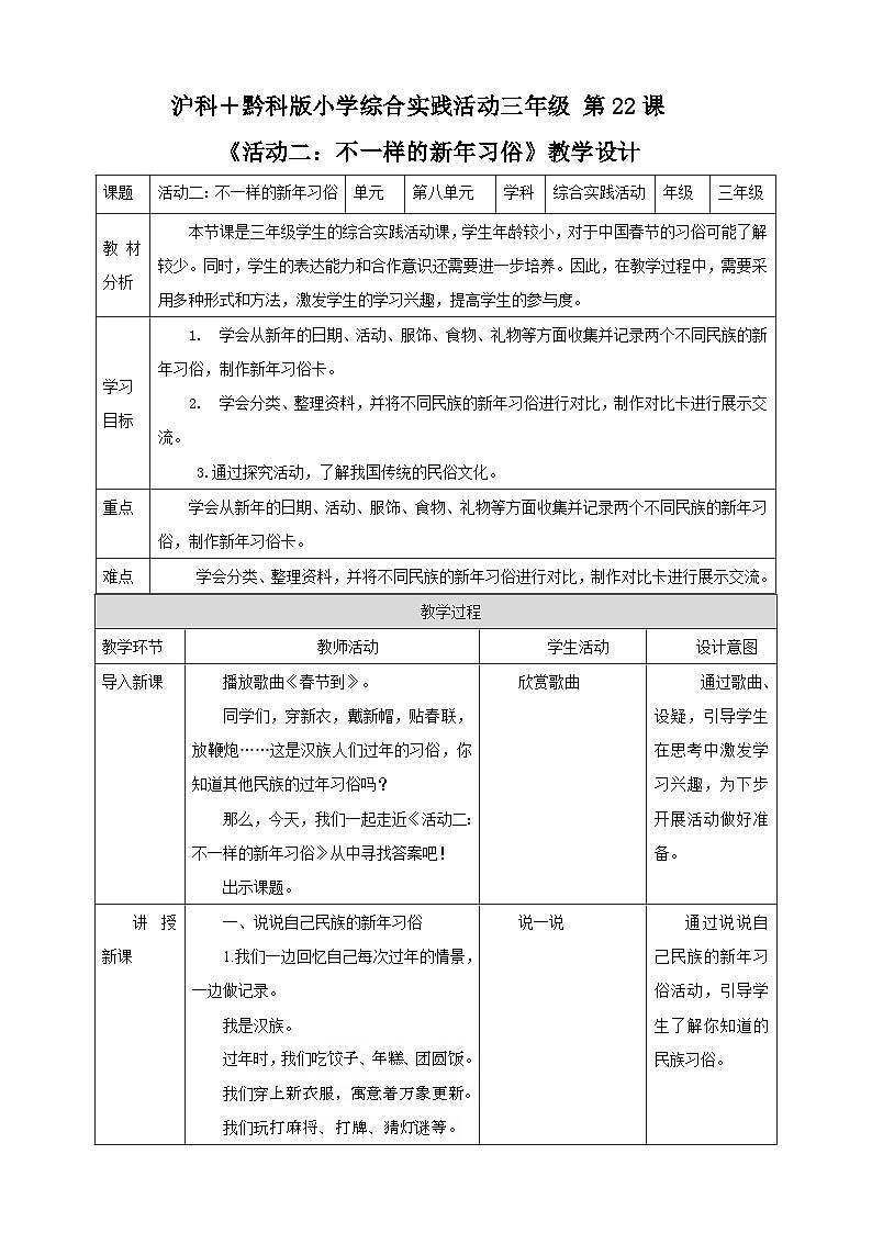【沪科+黔科版】《综合实践活动》三上 过年啦 活动二《不一样的新年习俗》教案第1页