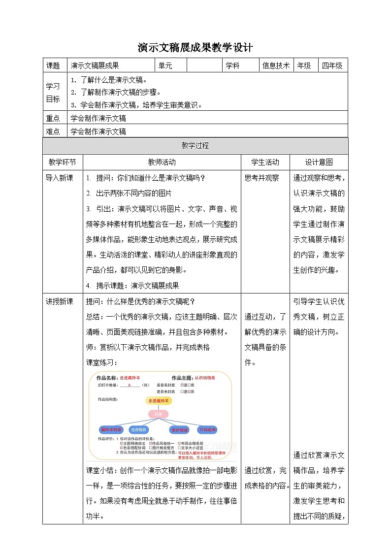 湘科版综合实践活动四年级7. 《演示文稿展成果》教案第1页
