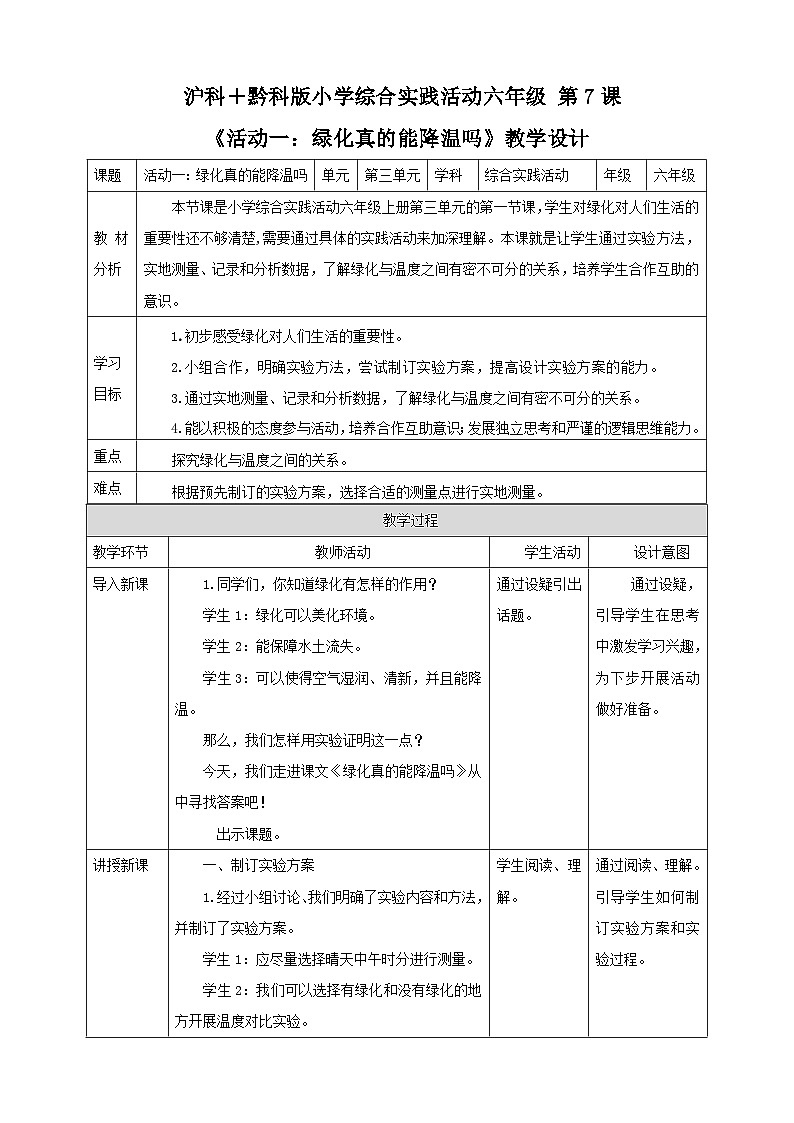 【沪科＋黔科版】《综合实践活动》六上 小小护绿队 活动一《绿化真的能降温吗》教案第1页