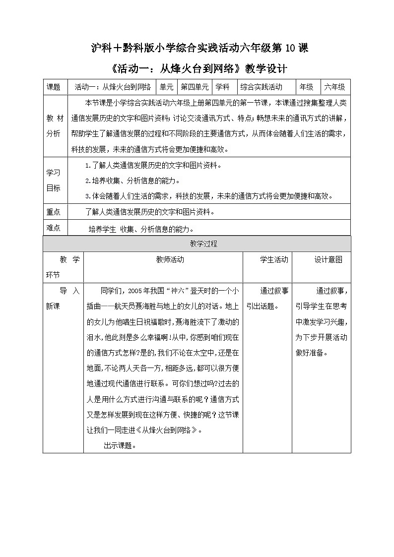 【沪科·黔科版】六上综合实践  网络连接你我他  活动一《从烽火台到网络》课件+教案01