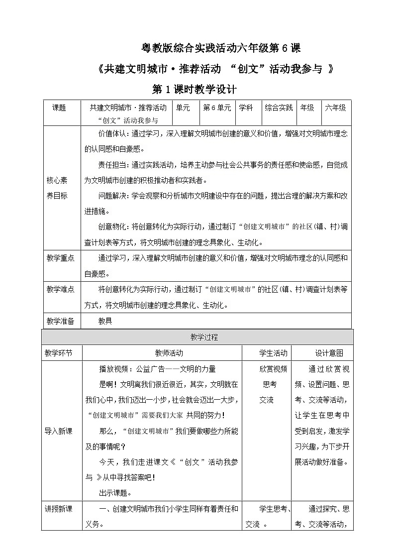 【粤教版】《综合实践活动》六下  第6课《共建文明城市·推荐活动 “创文”活动我参与》 第1课时 教案第1页