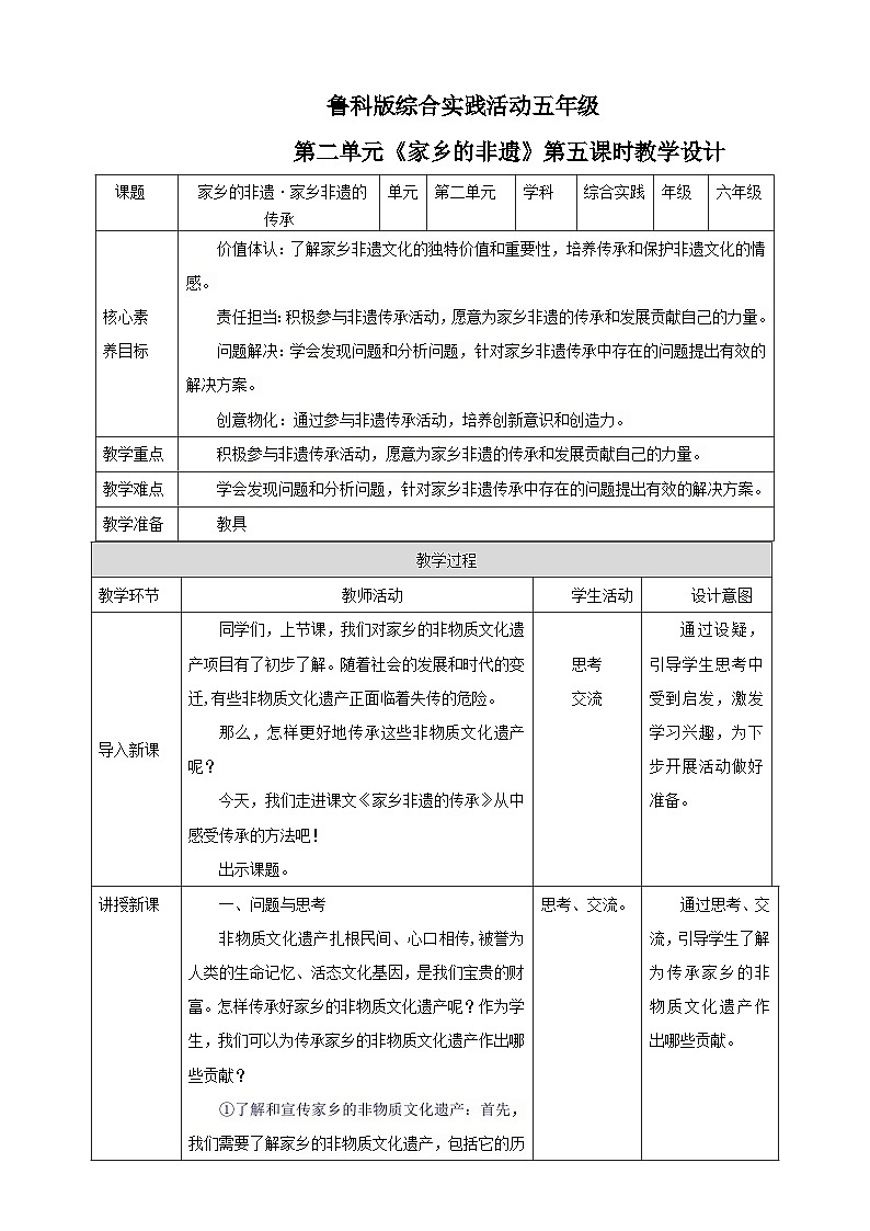 【鲁科版】《综合实践活动》六下 第5课《家乡的非遗·家乡非遗的传承》教案第1页