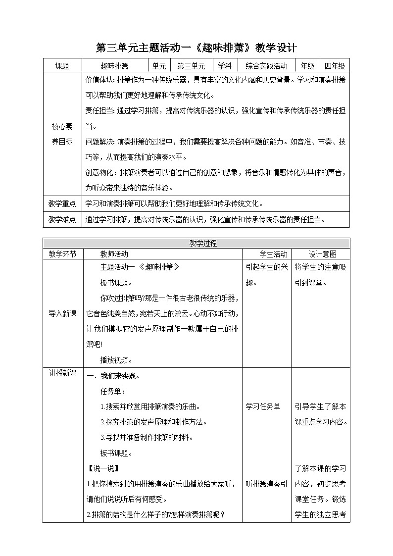 内蒙古版综合实践活动四年级下册 第三单元 主题活动一《趣味排箫》教案第1页