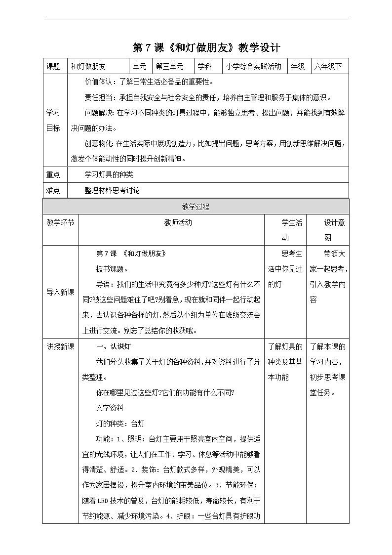 沪科·黔科版综合实践六年级下册3.1《和灯做朋友》教案第1页