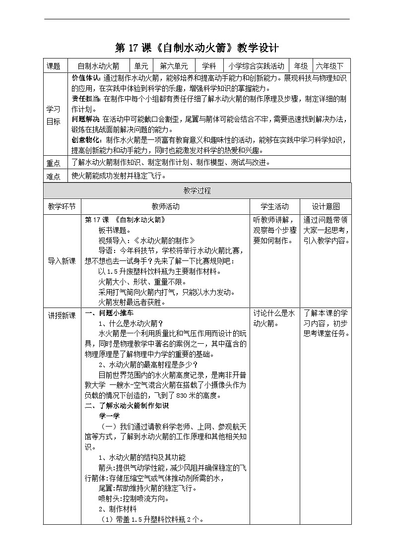 沪科·黔科版综合实践六年级下册6.2《自制水动火箭》教案第1页
