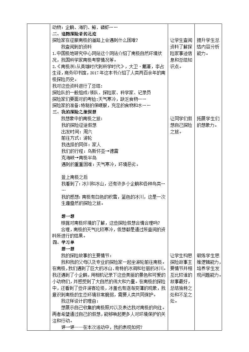 沪科·黔科版综合实践五年级下册 人类共同的南极 活动一《我的南极探险之旅》教案第2页