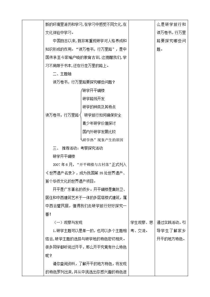 【粤教版】《综合实践活动》六下  第3课《读万卷书 行万里路·推荐活动 研学开平碉楼》第1课时 教案第2页