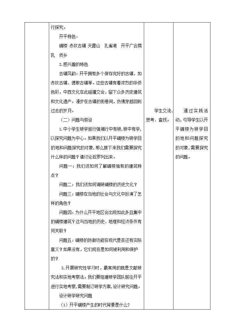 【粤教版】《综合实践活动》六下  第3课《读万卷书 行万里路·推荐活动 研学开平碉楼》第1课时 教案第3页