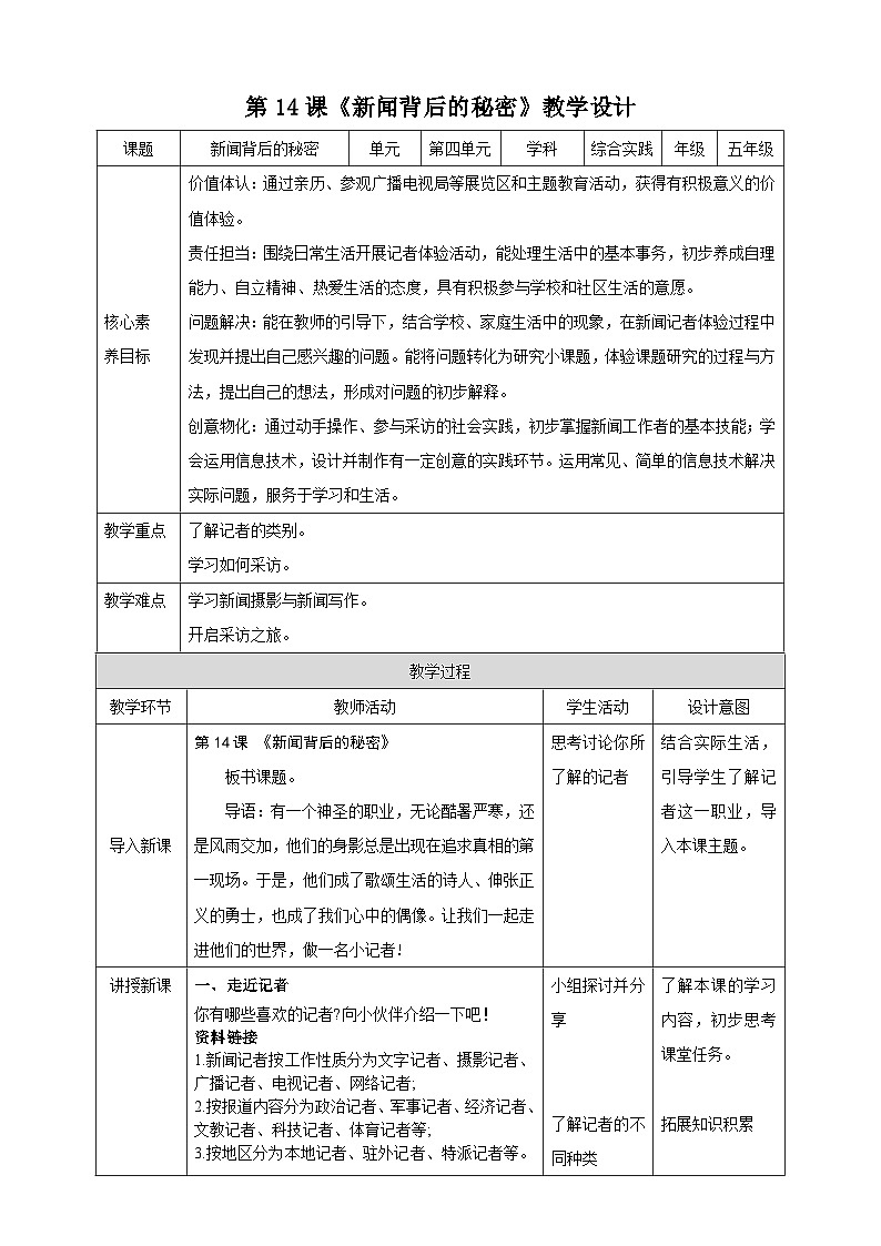 内蒙古版综合实践活动五下 第四单元 主题活动二《新闻背后的秘密》教案第1页