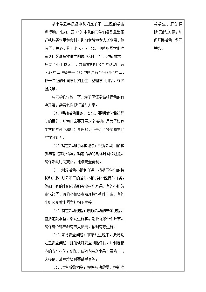 鲁科版综合实践活动五下  第14课《学雷锋在行动·学雷锋行动计划》 教案第3页