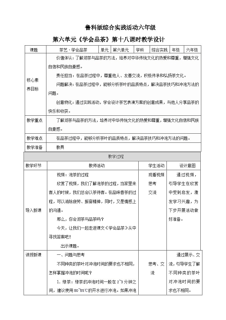鲁科版综合实践活动六下 6.3《茶艺·学会品茶》教案第1页