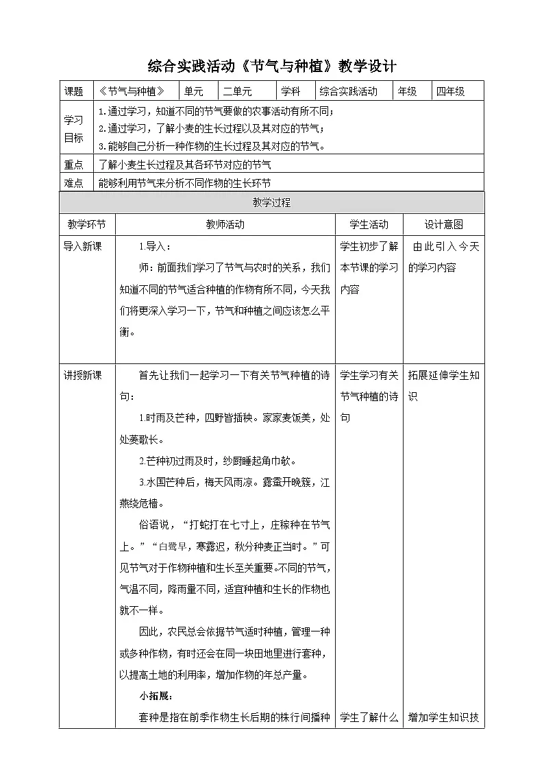 鲁科版综合实践活动四年级下册2.3《节气与种植》教案第1页