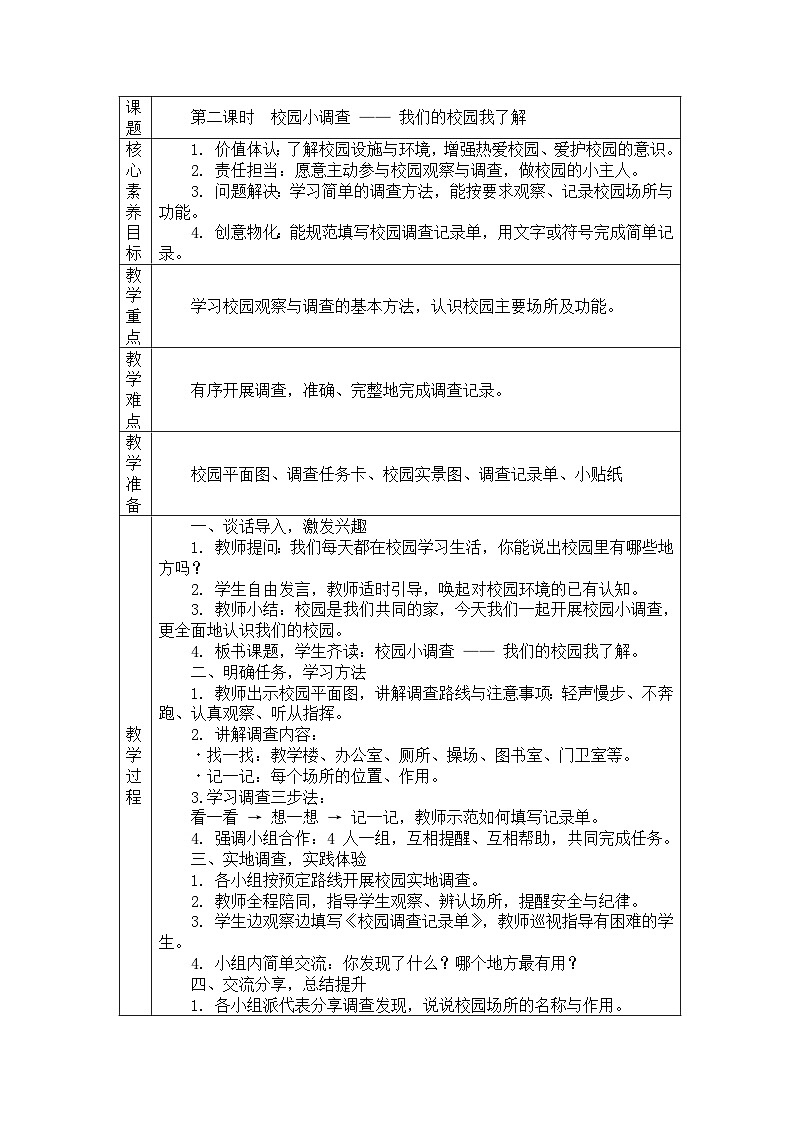三年级下综合实践活动课程第二课时《校园小调查-我们的校园我了解》教案+活动记录表（表格式））第1页