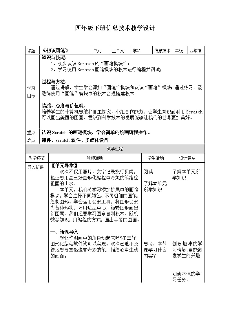 川教版四年级下册信息技术 3.1《初识画笔》教案第1页