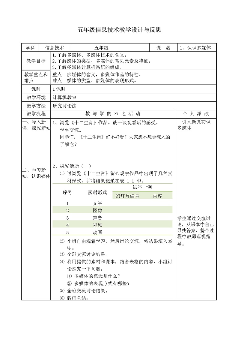 教科（云南）版 五年级下册信息技术 1 初识多媒体 教案（表格式）01