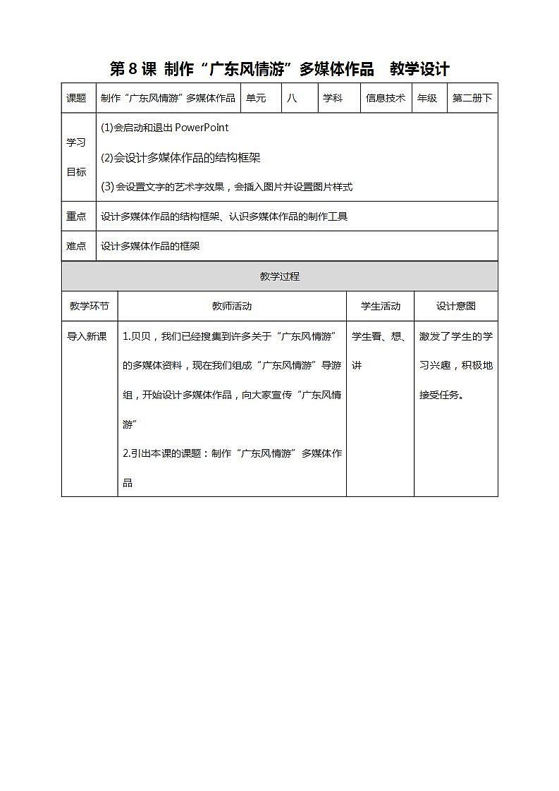 粤教版信息技术第二册下册 第8课 制作“广东风情游”多媒体作品 PPT课件+教案01