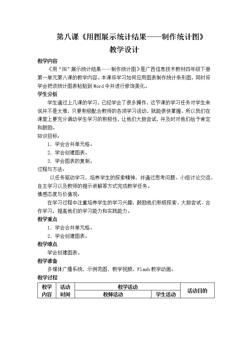 桂教版信息技术四下 第8课 用图展示统计结果——制作统计图 教案01