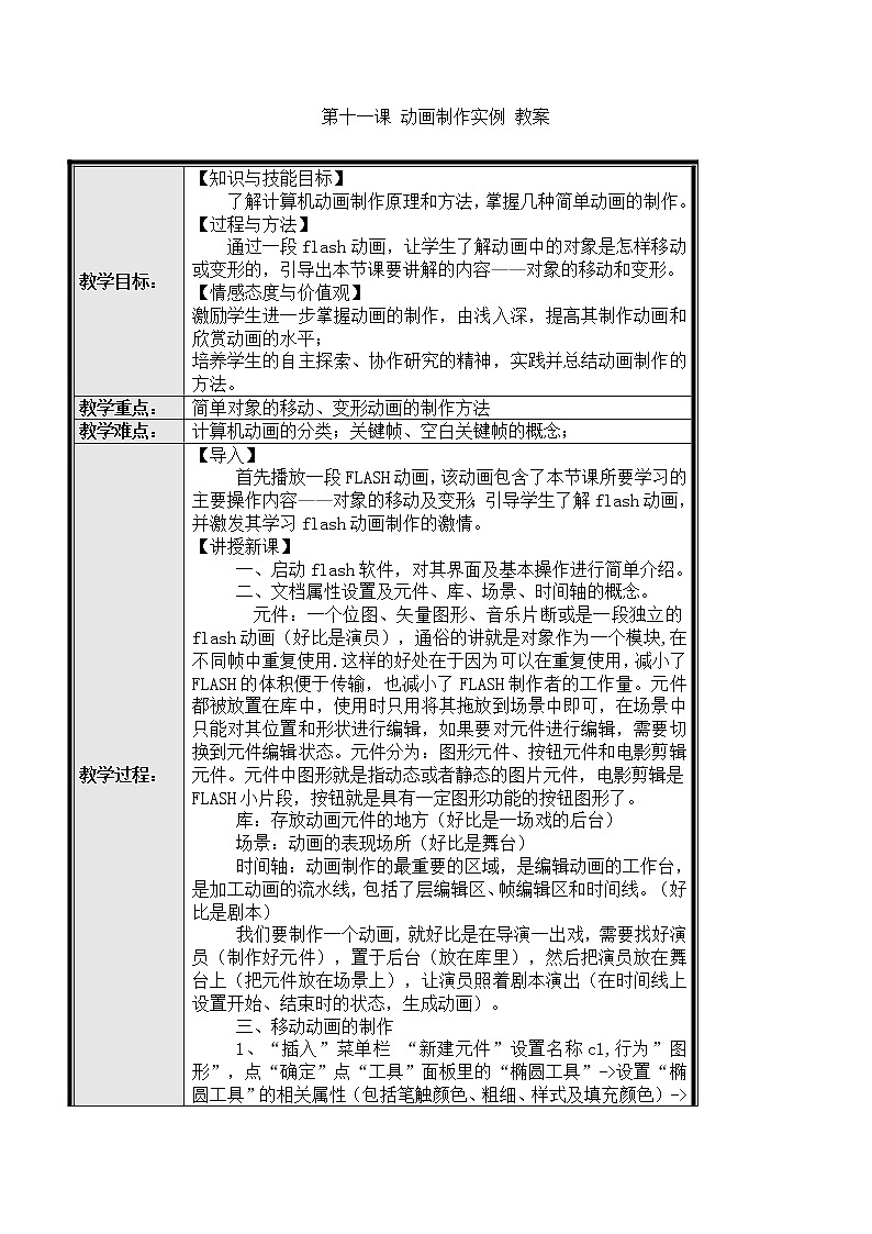 黔教版信息技术第七册 第11课 动画制作实例 教案第1页