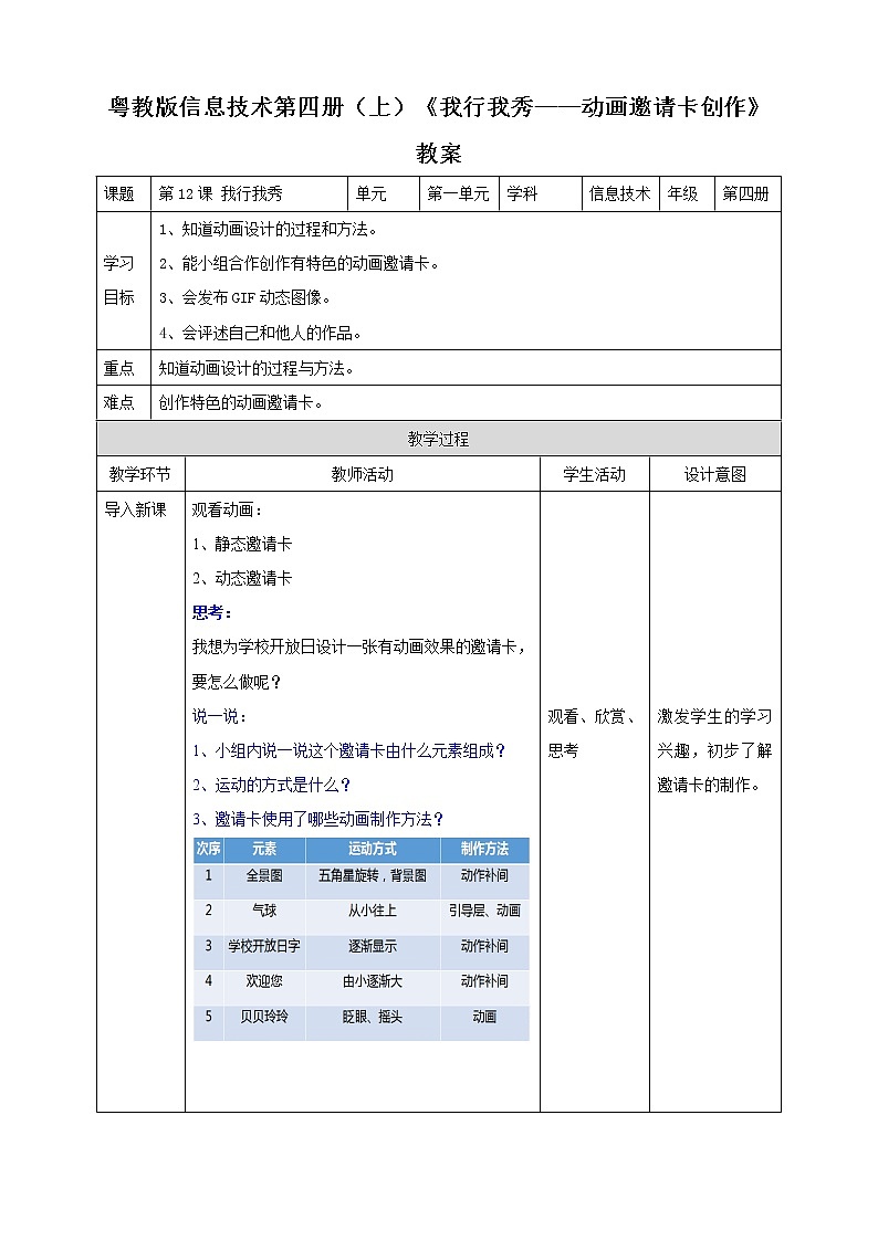 粤教版信息技术第四册（上）《我行我秀——动画邀请卡创作》教案第1页