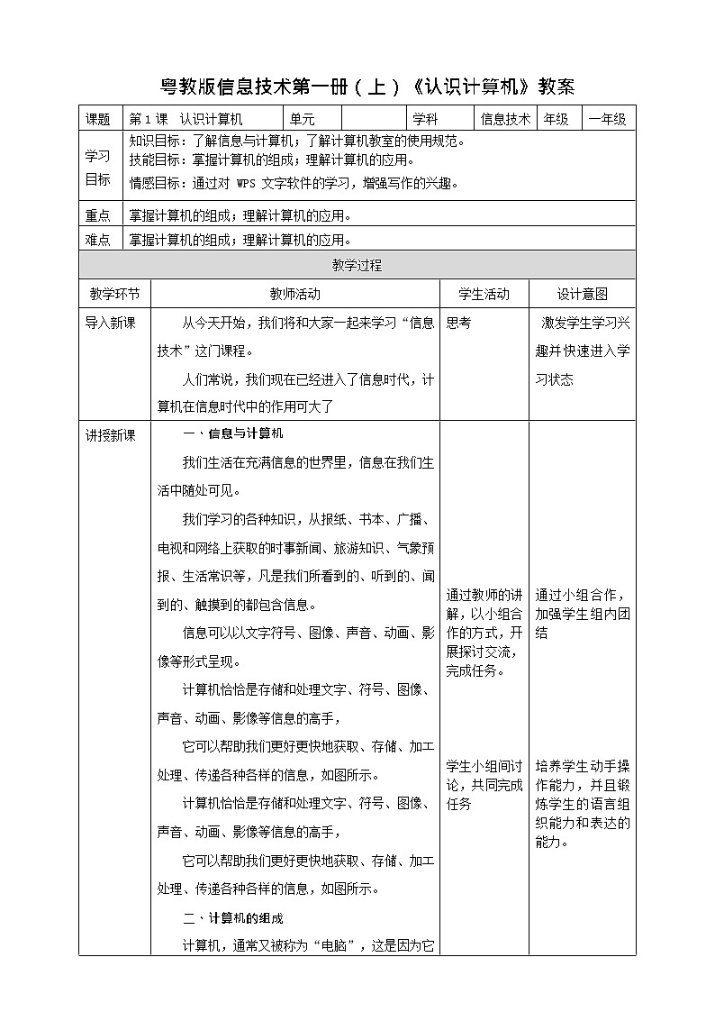 粤教版信息技术第一册（上）《认识计算机》教案01