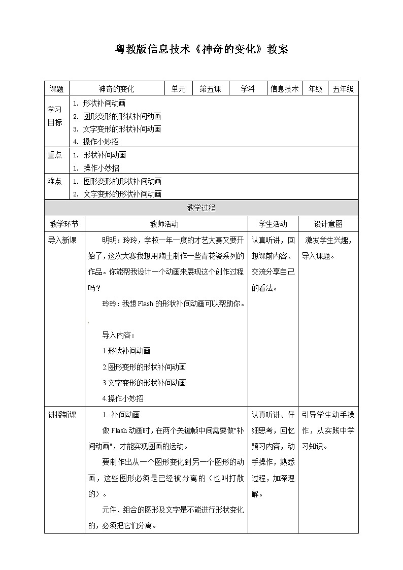 （教案）六年级上册信息技术-第5课 神奇的变化——制作形状补间动画∣粤教版01